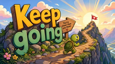 Cartoon Turtle Climbing Sunlit Mountain Cars Wallpaper 4K 3840x2160 Cartoon, Turtle, Climbing, A, Sunlit, Mountain, Path, Under, Giant, Keep, Going, Letters, Yellow, White, Gray, Ultrawide, 4K