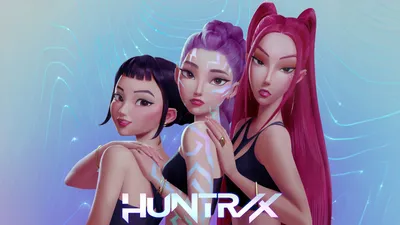 Kpop Demon Hunters Three Stylized Abstract Wallpaper 4K 7680x4320 Kpop, Demon, Hunters, Three, Stylized, K‑pop–inspired, Pop, Inspired, Posing, Against, Neon-blue, Gray, Ultrawide, 4k
