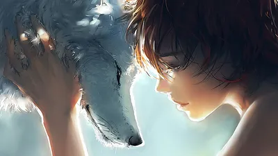 Calm Anime Wallpaper Animals Wallpaper 4K 1920x1080 An, Anime, Girl, With, Short, Hair, Lovingly, Touches, Head, White, Wolf, Inspired, Ultrawide, Full HD