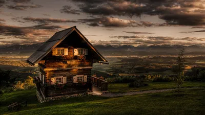 Hdr Rustic Cabin Grassy Nature Wallpaper 4K 1920x1080 Hdr, Image, Of, A, Rustic, Cabin, On, Grassy, Hill, During, Sunset, Mountain, Gray, Ultrawide, Full HD