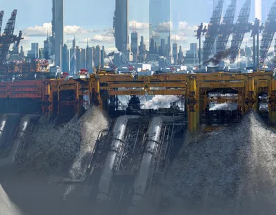 Detailed Sci Cityscape Massive Industrial World Wallpaper 4K 5244x4088 A, Detailed, 4k, Ultra, Hd, Sci-fi, Cityscape, Featuring, Massive, Industrial, Structures, Towering, Gray, Pink, Square