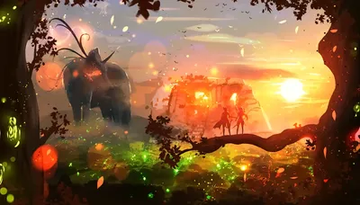 Anime Depicting Fantasy Forest Glowing Nature Wallpaper 4K 1920x1095 Hd, Anime-style, Wallpaper, Depicting, A, Fantasy, Forest, Scene, Glowing, Sunset, Ethereal, Creatures, Black, Gray, Ultrawide, Full HD