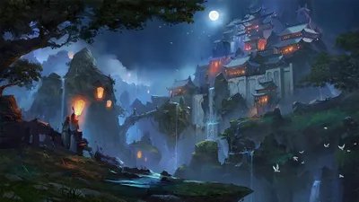 Fantasy Night Depicts Moonlit Castle Fantasy Wallpaper 4K 1920x1079 A, Fantasy, Night, Scene, Depicts, Moonlit, Castle, Perched, Mountain, Waterfalls, Cascading, Down, Brown, Gray, Ultrawide, Full HD