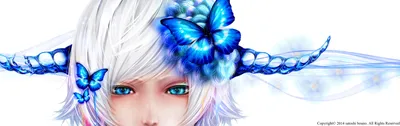 Calm Fantasy Wallpaper Animals Wallpaper 4K 3507x1100 Fantasy, Anime, Girl, With, White, Hair, Blue, Eyes, Horns, Adorned, Vibrant, Butterfly, Ultrawide, QHD