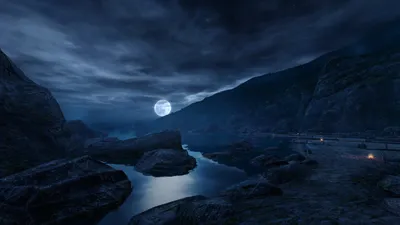 Serene Nighttime Landscape Nature Wallpaper 4K 1920x1080 A, Serene, Nighttime, Landscape, Illuminated, By, Moonlight, Featuring, River, Flowing, Through, Dark, Brown, Ultrawide, Full HD