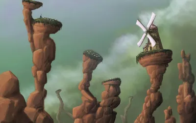 Epic Whimsical Wallpaper World Wallpaper 4K 1680x1050 A, Whimsical, Fantasy, Cityscape, Featuring, Towering, Rock, Formations, Windmill, Creating, Captivating, Desktop, Gray, Ultrawide
