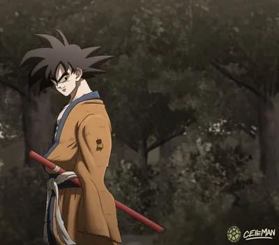 Bright Goku Wallpaper Black/Dark Wallpaper 4K 9903x8719 Goku, With, Black, Hair, In, Ronin, Attire, Stands, Confidently, Dark, Forest, Captured, Gray, Orange, Brown, Square, 4K