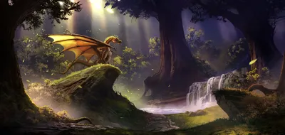 Crisp Majestic Wallpaper Nature Wallpaper 4K 4917x2338 A, Majestic, Dragon, Perches, On, Rock, In, Enchanting, Forest, Illuminated, Rays, Sunlight, White, Gray, Ultrawide, 4k