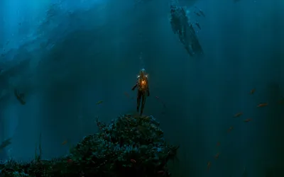 Fantasy Ocean Lone Diver Glowing Fantasy Wallpaper 4K 2560x1600 Hd, Fantasy, Ocean, Wallpaper:, Featuring, A, Lone, Diver, Glowing, Light, Mystical, Underwater, Red, Brown, Ultrawide, QHD