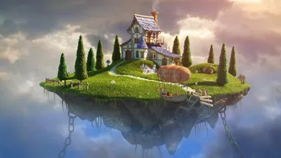 Sleek Fantasy Wallpaper Nature Wallpaper 4K 1920x1080 Fantasy, Scene, Of, A, Floating, Island, With, Charming, House, Surrounded, Trees, Lush, Gray, Ultrawide, Full HD