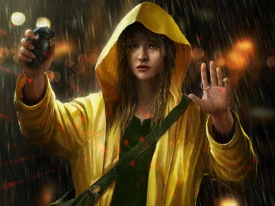 Sleek Person Wallpaper Black/Dark Wallpaper 4K 1600x1200 A, Person, In, Yellow, Raincoat, Holding, Grenade, Stands, Rain, Dark, Moody, Scene, Brown, Landscape