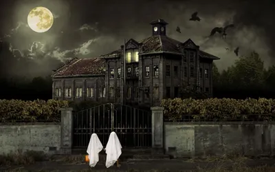 Dark Eerie Building Looms Space Wallpaper 4K 2560x1600 A, Dark, Eerie, Building, Looms, Under, Full, Moon, Two, Ghostly, Figures, Standing, White, Gray, Ultrawide, QHD