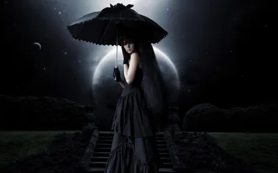 Gothic Figure Stands Dark Umbrella Black/Dark Wallpaper 4K 1920x1200 A, Gothic, Figure, Stands, Under, Dark, Umbrella, Amidst, Moody, Celestial, Backdrop, Creating, Gray, White, Ultrawide, Full HD