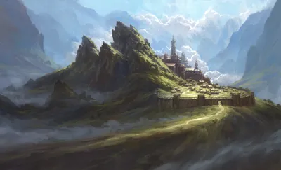 Majestic Fantasy City Nestled Nature Wallpaper 4K 3840x2334 A, Majestic, Fantasy, City, Nestled, Among, Towering, Mountains, Bathed, Soft, Sunlight, Under, Gray, Pink, Ultrawide, 4k