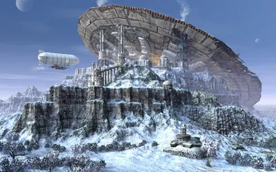 Sci Cityscape Futuristic Structure Snowy Nature Wallpaper 4K 1680x1050 A, Stunning, Hd, Sci-fi, Cityscape, Features, Futuristic, Structure, Snowy, Mountain, Complemented, Zeppelin, Gray, Brown, Ultrawide