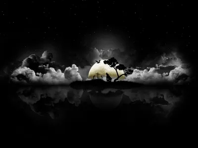 Serene Dark Landscape Nature Wallpaper 4K 1600x1200 A, Serene, Dark, Landscape, Features, Large, Moon, Surrounded, Clouds, Silhouetted, Trees, Tranquil, Gray