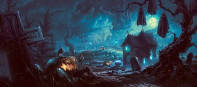 Vibrant Dark Wallpaper Black/Dark Wallpaper 4K 3500x1553 Dark, Eerie, Halloween, Scene, With, A, Haunted, House, Glowing, Jack-o, 039, -lanterns, Brown, Green, Ultrawide, QHD