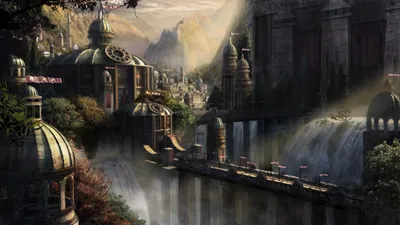 Fantasy Cityscape Grand World Wallpaper 4K 3500x1969 A, Fantasy, Cityscape, With, Grand, Buildings, Perched, Beside, Cascading, Waterfalls, Captured, Detail, White, Gray, Ultrawide, QHD