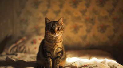 Serene Cat Sits Animals Wallpaper 4K 2912x1632 A, Serene, Cat, Sits, Gracefully, On, Patterned, Bedspread, Bathed, Warm, Light, Creating, Brown, Ultrawide, QHD