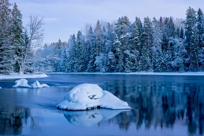 Serene Winter Wallpaper Nature Wallpaper 4K 2048x1367 Winter, Forest, Landscape, With, Snow-covered, Trees, And, Rocks, Along, Calm, River, Captured, White, Full HD