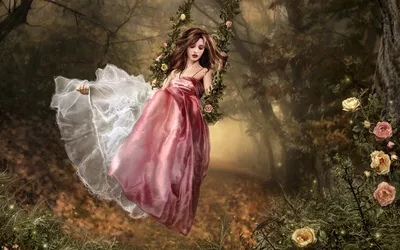 Woman Flowing Dress Swings Magical Fantasy Wallpaper 4K 1920x1200 A, Woman, In, Flowing, Dress, Swings, Magical, Forest, Surrounded, Flowers, Foliage, Desktop, Brown, Gray, Ultrawide, Full HD
