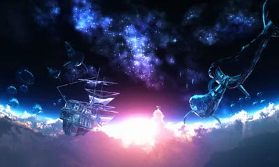 Crisp Cgi Wallpaper Space Wallpaper 4K 2000x1200 A, Cgi, 3d, Fantasy, Scene, With, Starry, Sky, Sun, Clouds, Ship, Whale, White, Ultrawide, Full HD