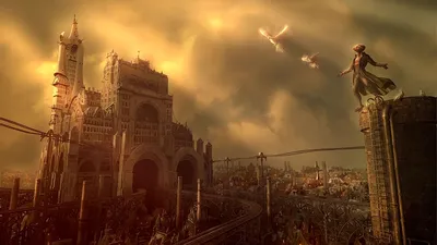 Steampunk Cityscape Dusk Towering Structures World Wallpaper 4K 2048x1152 A, Stunning, Steampunk, Cityscape, At, Dusk, Featuring, Towering, Structures, Enigmatic, Figure, Ledge, Brown, Ultrawide, Full HD