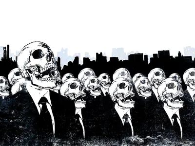 Bold Dark Wallpaper World Wallpaper 4K 1920x1440 Hd, Pc, Desktop, Wallpaper, Featuring, A, Dark, City, Skyline, Numerous, Skull-headed, Figures, White, Landscape, Full HD