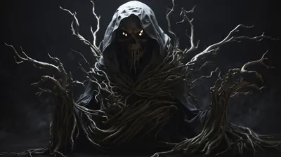 Dark Scary Forest Monster Entity Black/Dark Wallpaper 4K 2000x1120 Dark, Scary, Forest, Monster, Entity, With, Glowing, Eyes, Twisted, Branches, Depicted, Desktop, White, Gray, Brown, Ultrawide, Full HD