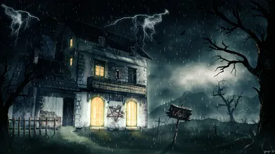 Dark Stormy Night Haunting Black/Dark Wallpaper 4K 2560x1440 A, Dark, Stormy, Night, Scene, Featuring, Haunting, House, Illuminated, Rain, Flashes, Lightning, Gray, White, Ultrawide, QHD