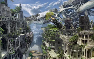 Fantasy Cityscape Filled World Wallpaper 4K 2560x1600 A, Stunning, Fantasy, Cityscape, Filled, With, Intricate, Architecture, Lush, Greenery, Dramatic, Sky, Gray, Ultrawide, QHD