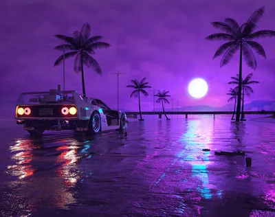 Purple Retrowave Night Car Cars Wallpaper 4K 1920x1518 A, Purple, Retrowave, Night, Scene, With, Car, Parked, Reflective, Wet, Surface, Silhouetted, Brown, Square, Full HD