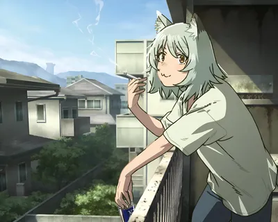 Calm Anime Wallpaper Animals Wallpaper 4K 3000x2401 Anime-style, Chainsmoker, Cat, By, Yaniko, Satou:, A, Cat-eared, Character, Smokes, Balcony, White, Square, QHD