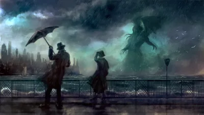 Two Figures Stand Railing Nature Wallpaper 4K 1920x1080 Two, Figures, Stand, By, A, Railing, Under, Stormy, Sky, One, Holding, Umbrella, Gray, Ultrawide, Full HD