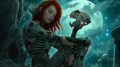 Fantasy Woman Red Hair Holding Space Wallpaper 4K 1920x1080 Fantasy, Woman, With, Red, Hair, Holding, A, Skull, Under, Full, Moon, Desktop, White, Gray, Ultrawide, Full HD