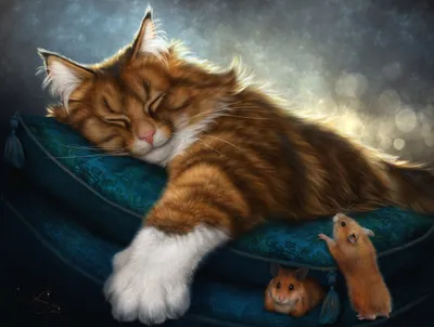 Fantasy Sleeping Cat Resting Blue Animals Wallpaper 4K 3000x2271 A, Fantasy, Hd, Wallpaper, Featuring, Sleeping, Cat, Resting, Blue, Cushion, Two, Curious, Gray, White, Landscape, QHD
