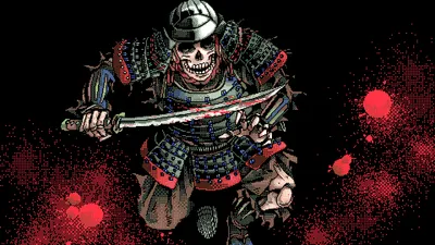 Pixel Art Depicting Dark Black/Dark Wallpaper 4K 1920x1080 Hd, Pixel, Art, Desktop, Wallpaper, Depicting, A, Dark, Warrior, Samurai, Skull, Face, Black, Ultrawide, Full HD