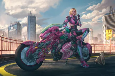 Serene Blonde Wallpaper World Wallpaper 4K 3000x1981 A, Blonde, Cyberpunk, Woman, In, Futuristic, Armor, Poses, Vibrant, Pink, Sci-fi, Motorcycle, Gray, Ultrawide, QHD