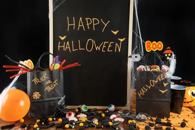 Sleek Halloween Wallpaper Black/Dark Wallpaper 4K 3000x2000 Halloween-themed, Hd, Desktop, Wallpaper, Featuring, Festive, Sweets, Candy, Decorated, Treat, Bags, Against, Gray, Landscape, QHD