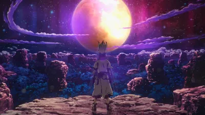 Senku Ishigami Anime Space Wallpaper 4K 2560x1440 Senku, Ishigami, From, The, Anime, Dr., Stone, Stands, Rocky, Cliff, Gazing, Large, White, Ultrawide, QHD