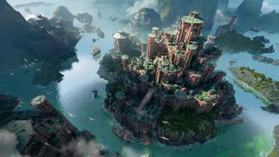 Vibrant Fantasy City Fantasy Wallpaper 4K 1920x1080 A, Vibrant, Fantasy, City, Perched, On, Rocky, Islands, Surrounded, Water, Captured, Highly, White, Gray, Ultrawide, Full HD