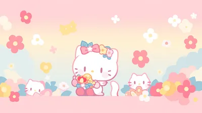Cheerful Hello Kitty Surrounded Animals Wallpaper 4K 2563x1436 Hd, Desktop, Wallpaper, Featuring, A, Cheerful, Hello, Kitty, Surrounded, Flowers, Smaller, Cat, White, Ultrawide, QHD