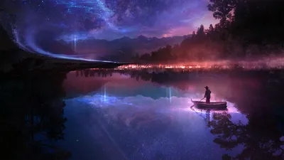 Bright Lone Wallpaper Nature Wallpaper 4K 2560x1440 A, Lone, Boat, On, Serene, Lake, At, Night, Surrounded, Vibrant, Fantastical, Landscape, Brown, Ultrawide, QHD