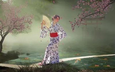 Artistic Woman Kimono Holding Fan Nature Wallpaper 4K 1900x1200 Artistic, Hd, Wallpaper:, Of, A, Woman, In, Kimono, Holding, Fan, Standing, Serene, Gray, Ultrawide