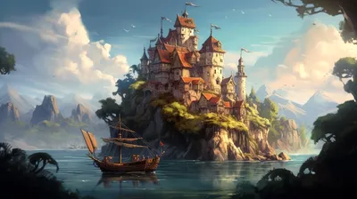 Fantasy Castle Rocky Fantasy Wallpaper 4K 5120x2869 Hd, Desktop, Wallpaper, Featuring, A, Fantasy, Castle, On, Rocky, Island, Surrounded, Water, Gray, Ultrawide, 4k