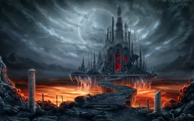 Radiant Fantasy Wallpaper Fantasy Wallpaper 4K 2880x1800 Hd, Wallpaper, Of, A, Fantasy, Castle, Surrounded, By, Lava, Under, Moonlit, Sky, Gray, Ultrawide, QHD