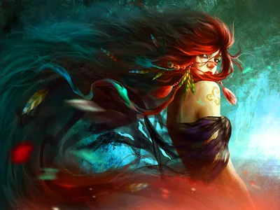 Fantasy Woman Flowing Fantasy Wallpaper 4K 1600x1200 A, Fantasy, Woman, With, Flowing, Red, Hair, Adorned, Feathers, Depicted, Set, Against, White, Landscape