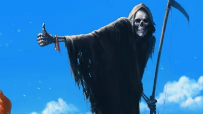 Dark Ominous Grim Reaper Black/Dark Wallpaper 4K 1920x1080 Hd, Pc, Desktop, Wallpaper, Featuring, A, Dark, Ominous, Grim, Reaper, Giving, Thumbs-up, Yellow, Pink, Ultrawide, Full HD