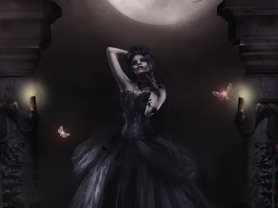 Gothic Fantasy Woman Dark Flowing Black/Dark Wallpaper 4K 4000x3000 A, Gothic, Fantasy, Scene, Featuring, Woman, In, Dark, Flowing, Gown, Surrounded, Candles, Gray, Landscape, 4k