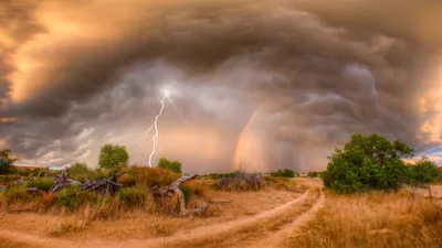 Field Trees Dramatic Sky Lightning Nature Wallpaper 4K 3840x2160 A, Stunning, Hd, Wallpaper:, Features, Field, With, Trees, Under, Dramatic, Sky, Lightning, Gray, Brown, Ultrawide, 4k